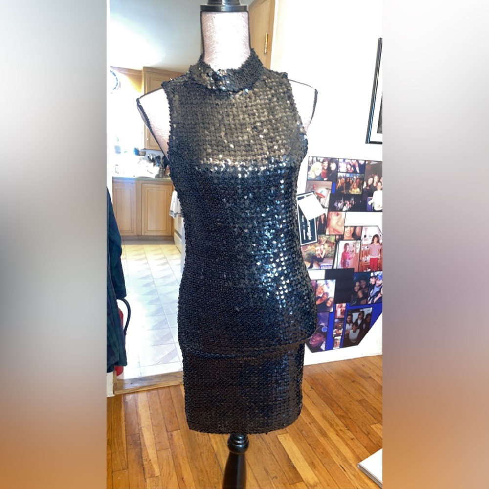 Vintage Hattie Carnegie Black sequins open back Mod dress Small